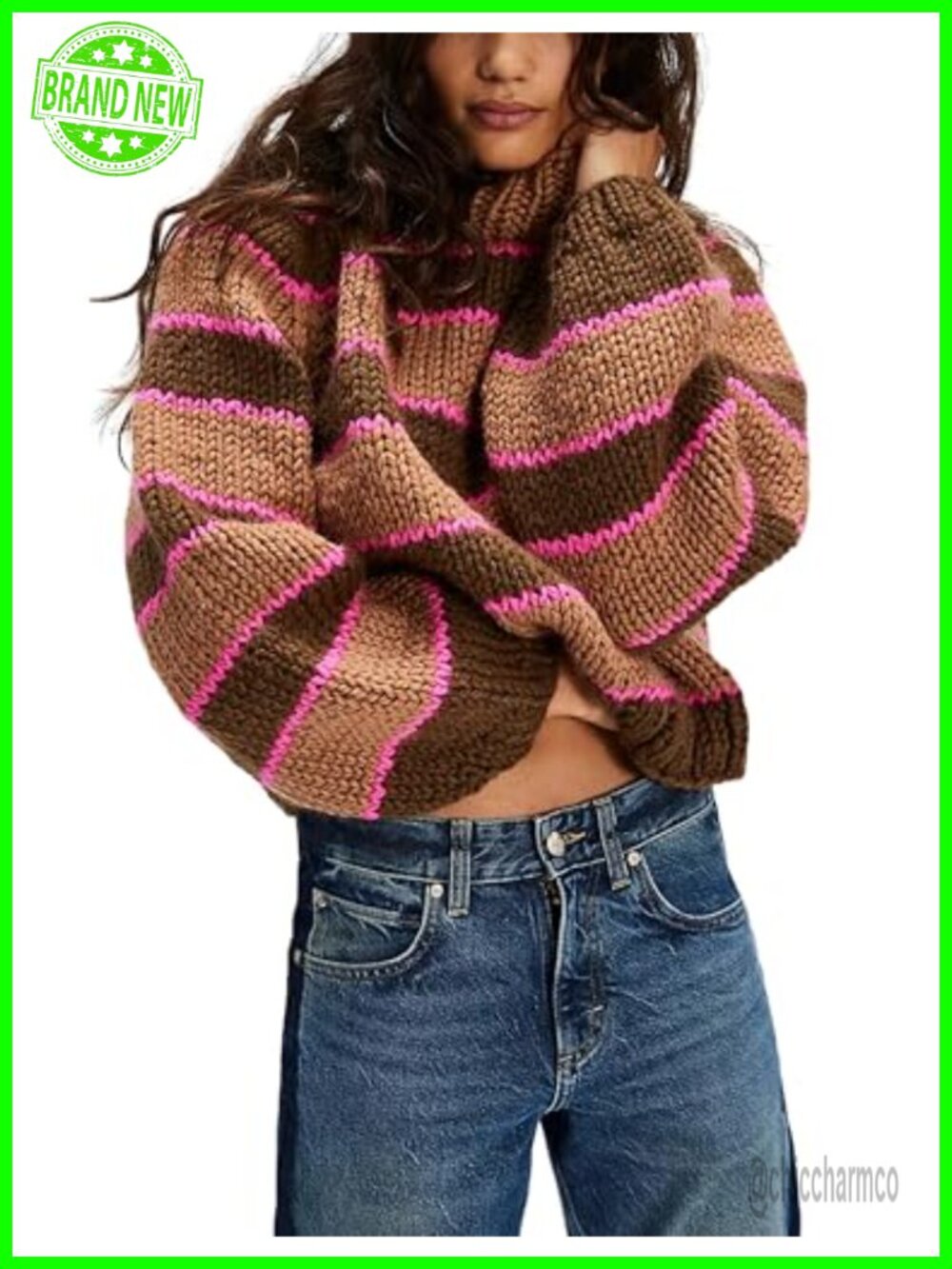 Women Striped Turtleneck Pullover Sweater Ribbed Knit Long Sleeve Chunky Casual